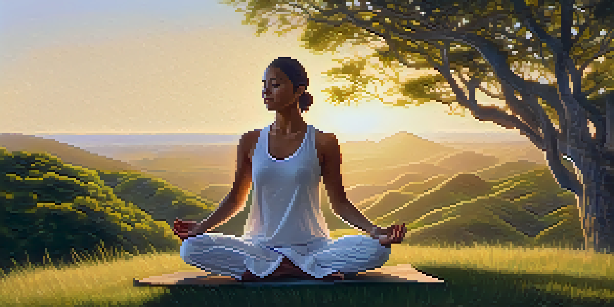 A person practicing yoga on a grassy hilltop at sunrise, surrounded by greenery and warm golden sunlight.