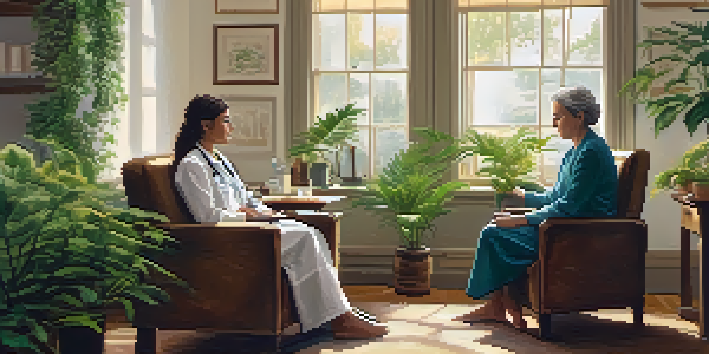 A naturopathic doctor discussing treatment options with a patient in a warm, plant-filled office.