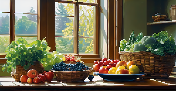 A bright kitchen filled with colorful fruits and vegetables on a wooden table, with sunlight streaming through the window.