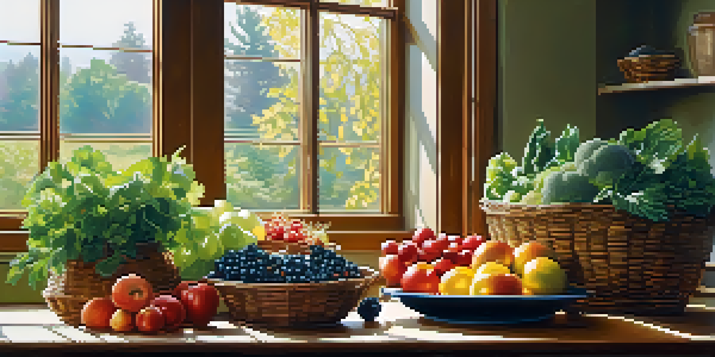 A bright kitchen filled with colorful fruits and vegetables on a wooden table, with sunlight streaming through the window.
