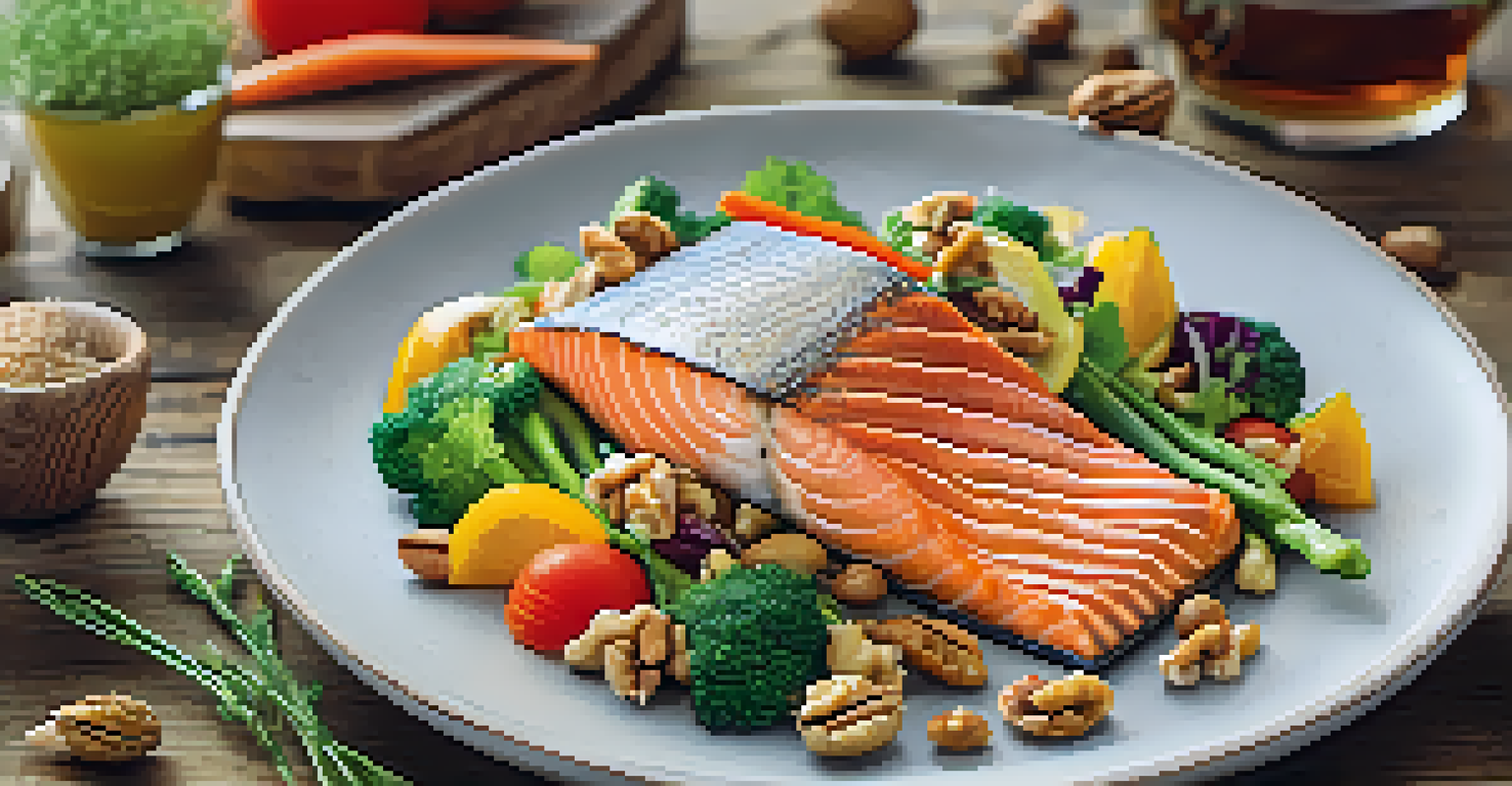 A close-up of a nutritious meal with salmon, walnuts, and colorful vegetables on a wooden table.