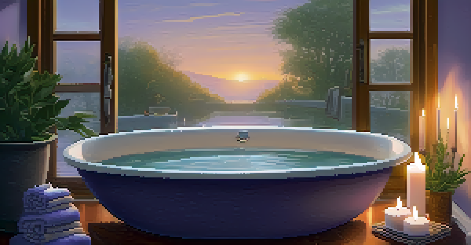 A cozy bathroom with a warm bath, lavender essential oil, lit candles, and chamomile and ginger decorations.
