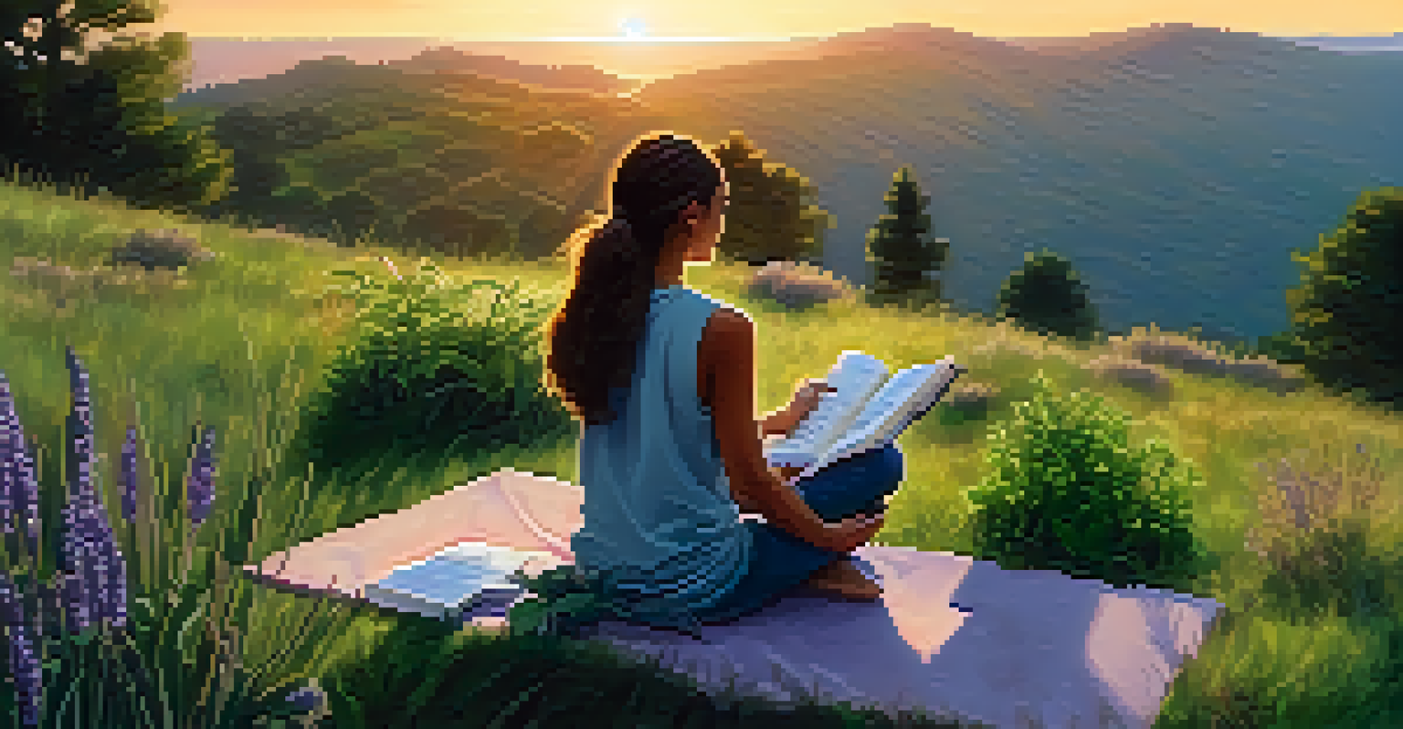 A person sitting cross-legged on a grassy hill surrounded by herbs like basil, mint, and lavender, writing in a journal during sunset, promoting mindfulness and holistic wellness.