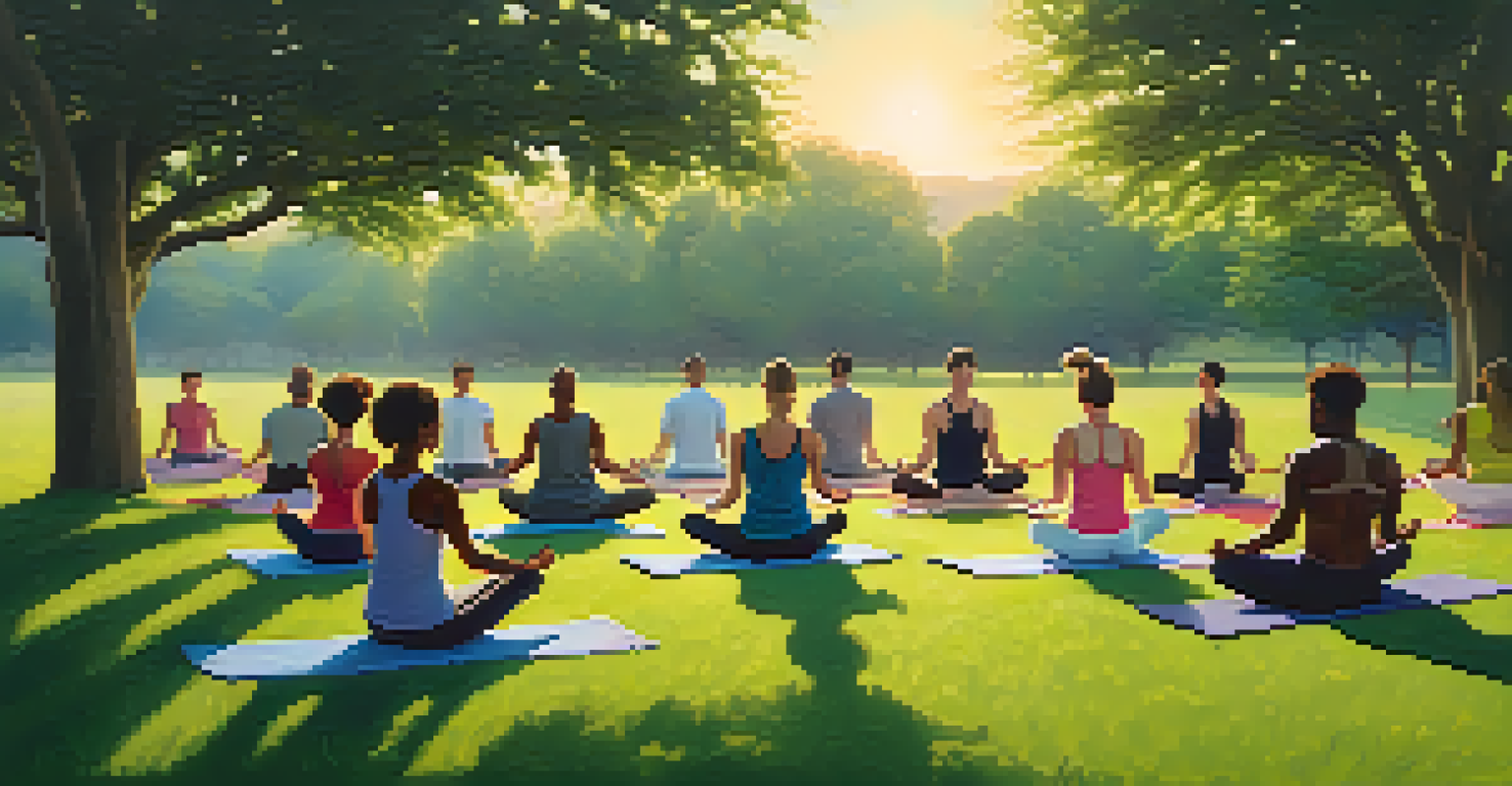 A group of people practicing yoga outdoors at sunrise on green grass, with a colorful sky in the background.