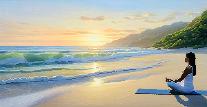 A person practicing yoga on a beach at sunrise, surrounded by greenery and calm waves.