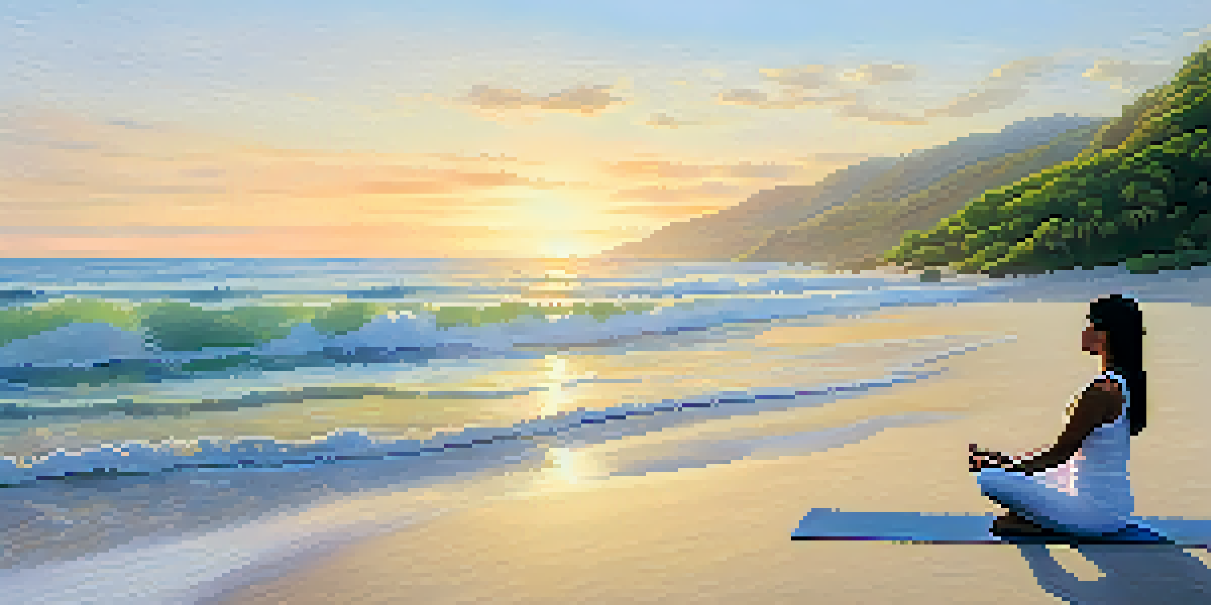 A person practicing yoga on a beach at sunrise, surrounded by greenery and calm waves.