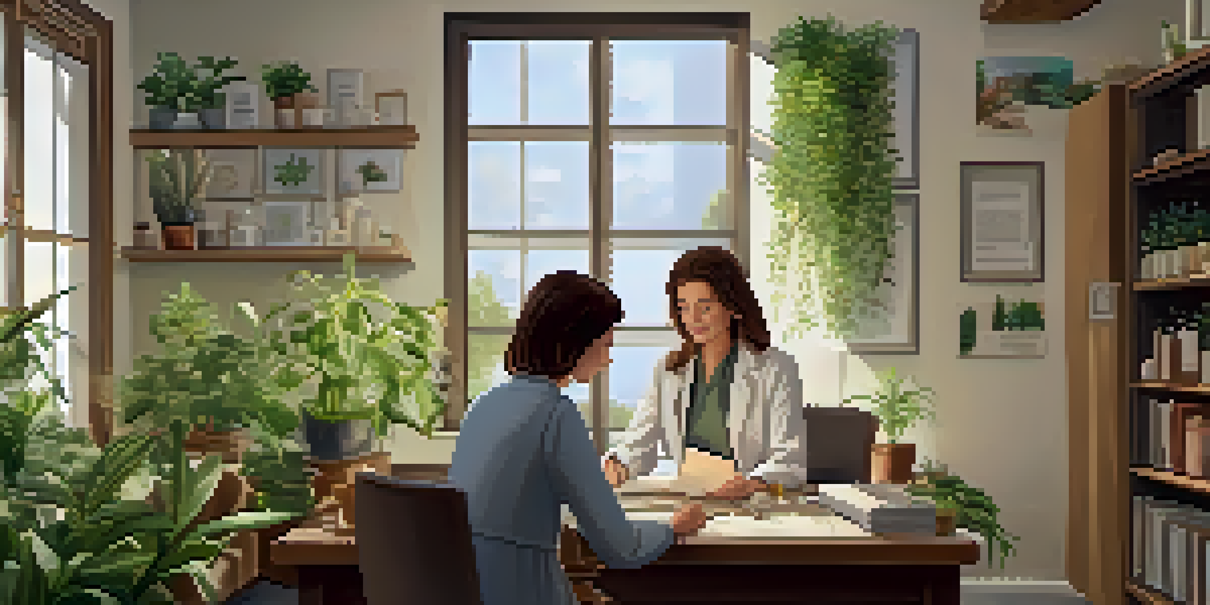 A naturopath and a young male patient having a consultation in a cozy office filled with plants and natural light.