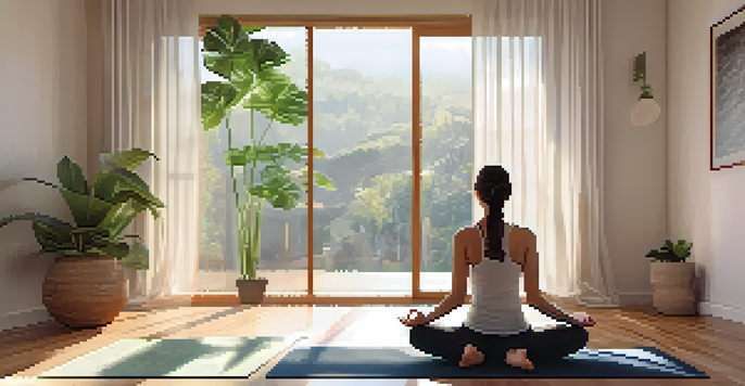A peaceful indoor setting for breathwork practice with a person sitting cross-legged on a yoga mat, surrounded by plants and soft light.
