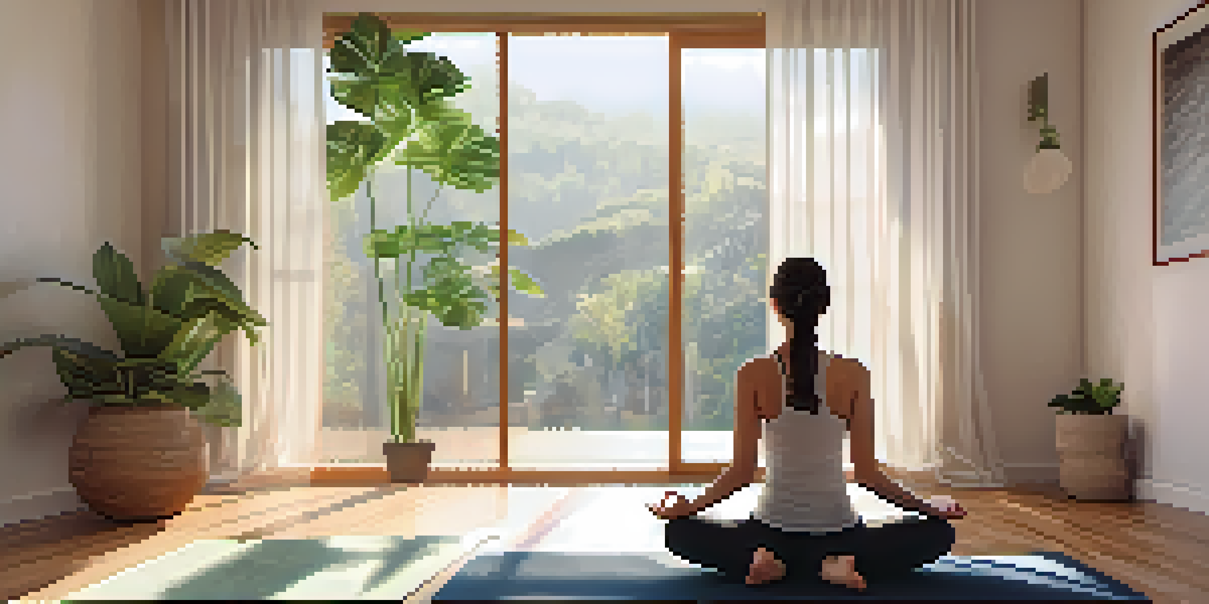 A peaceful indoor setting for breathwork practice with a person sitting cross-legged on a yoga mat, surrounded by plants and soft light.