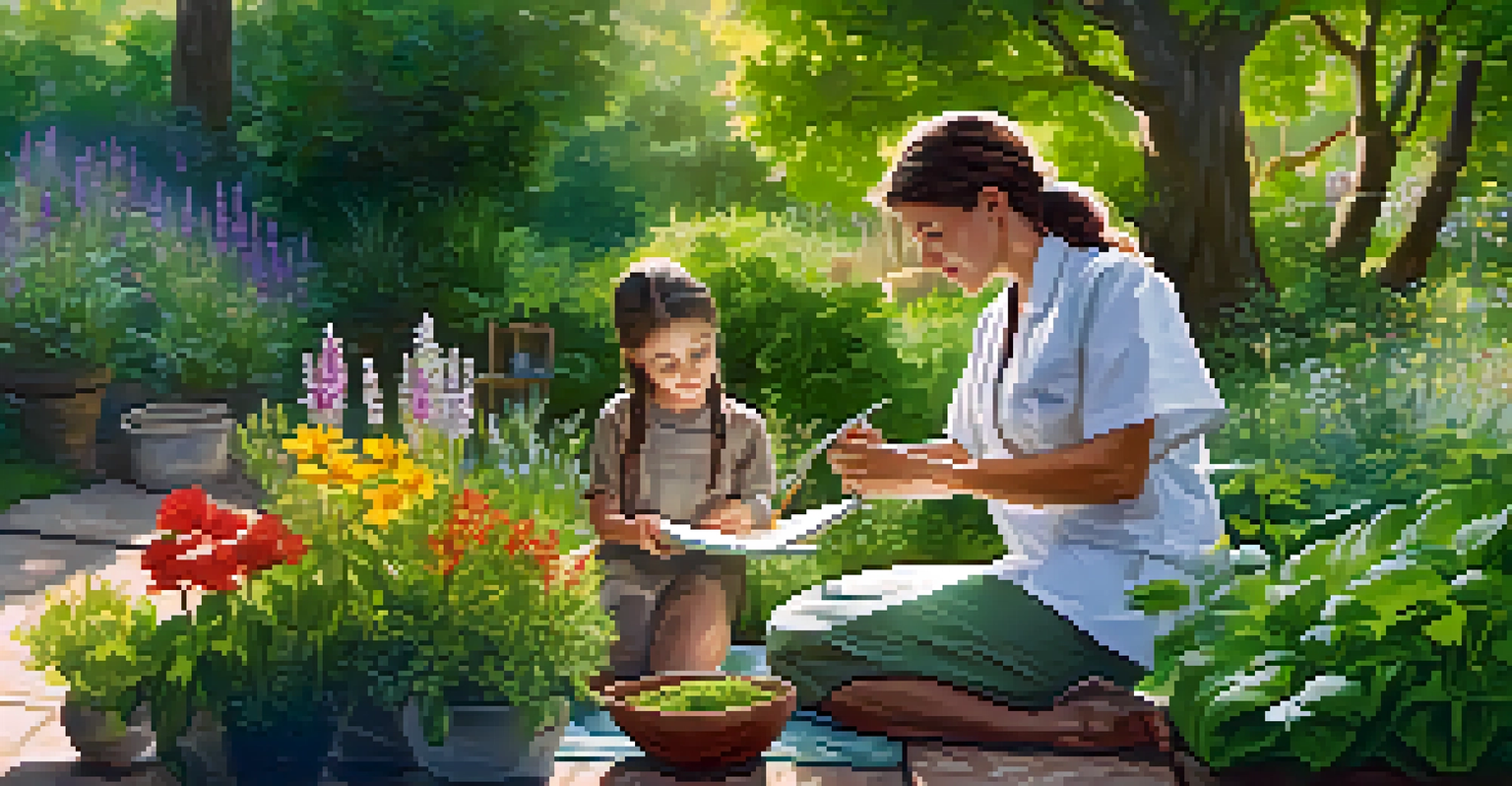 A naturopathic practitioner teaching a patient about herbal remedies in a lush garden filled with herbs and flowers.