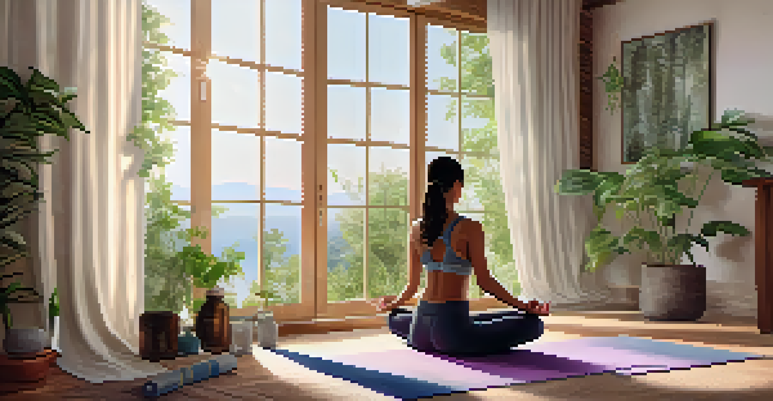 A person practicing yoga in a sunlit room, with essential oils and plants around, promoting a sense of tranquility.