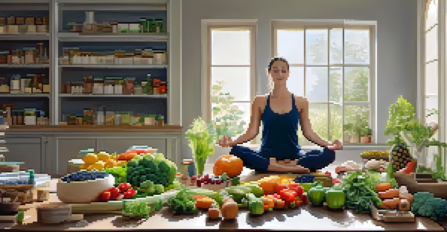 A balanced lifestyle scene with healthy food and a person doing yoga, emphasizing wellness.