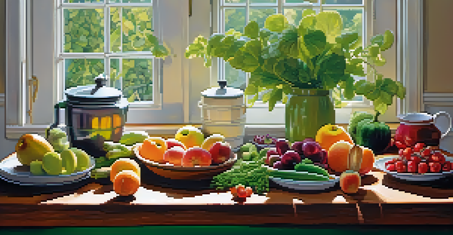 A bright kitchen table adorned with fresh fruits and vegetables, illuminated by soft morning light, representing healthy eating.