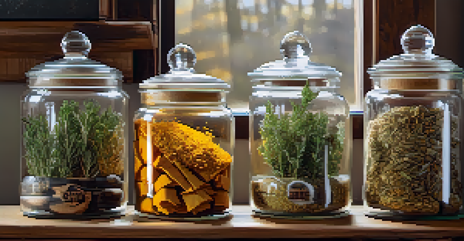 An arrangement of dried herbs in glass jars on a wooden shelf, with labels and soft light creating a cozy atmosphere.