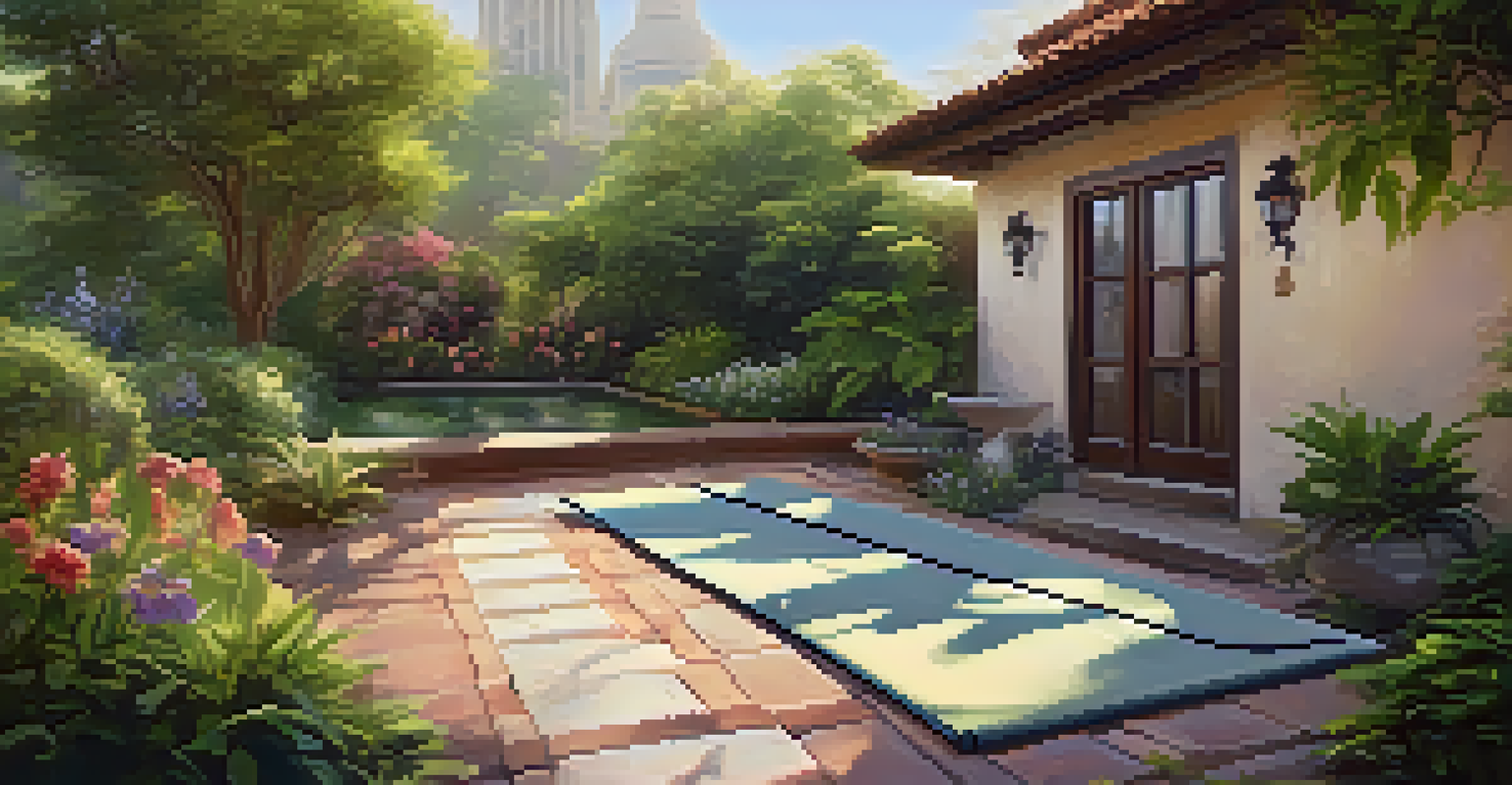 A peaceful garden with a yoga mat surrounded by greenery and flowers, illuminated by soft morning light.