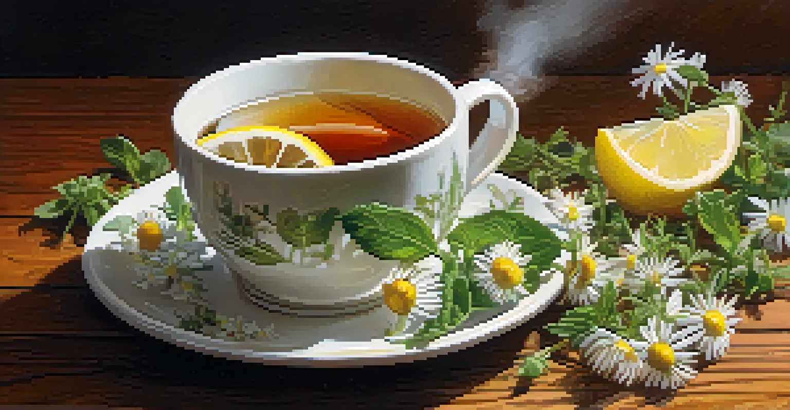 A close-up of a steaming cup of herbal tea with chamomile flowers and peppermint leaves on a wooden table.