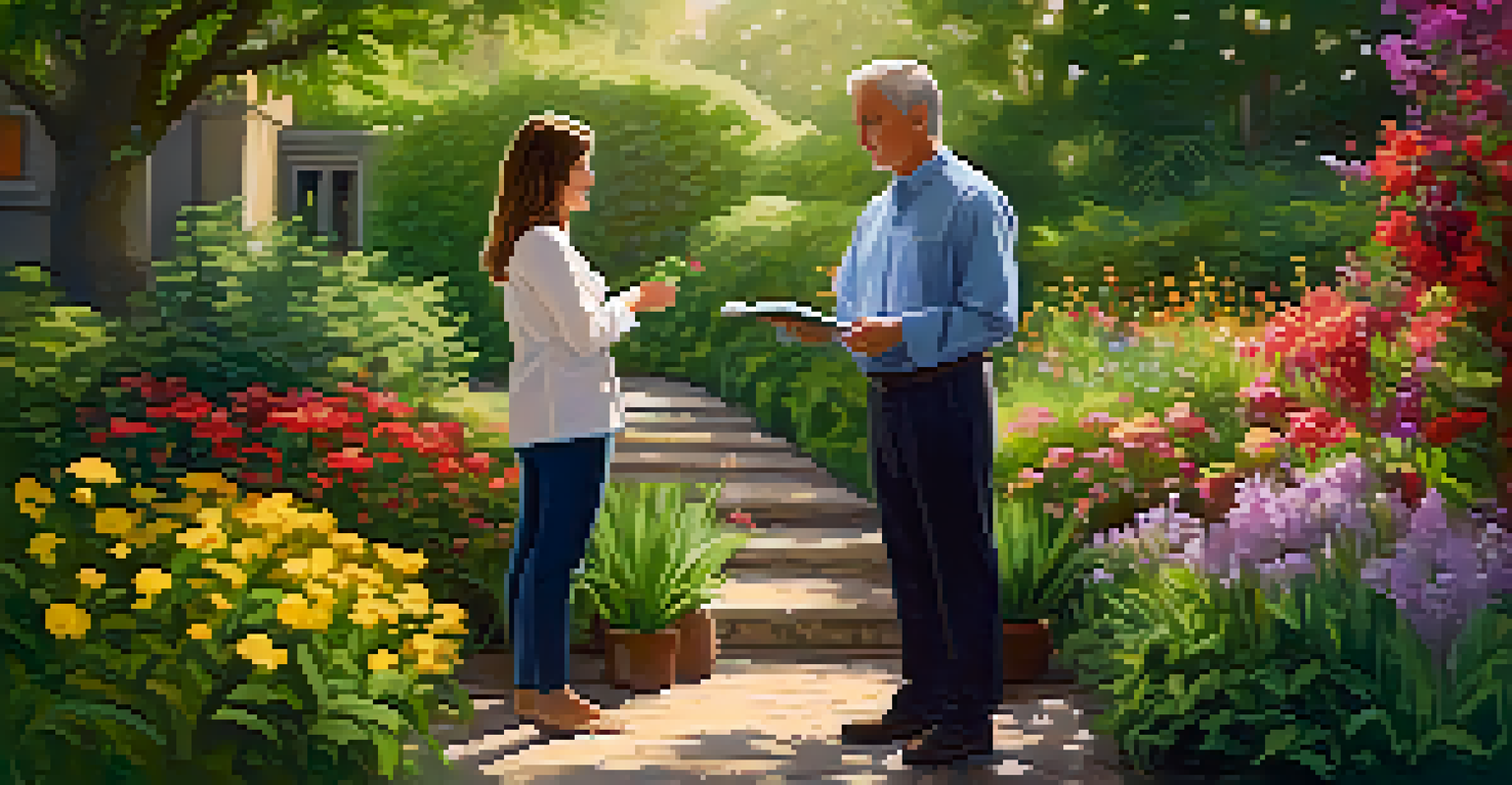 A naturopathic practitioner consulting with a patient in a garden.