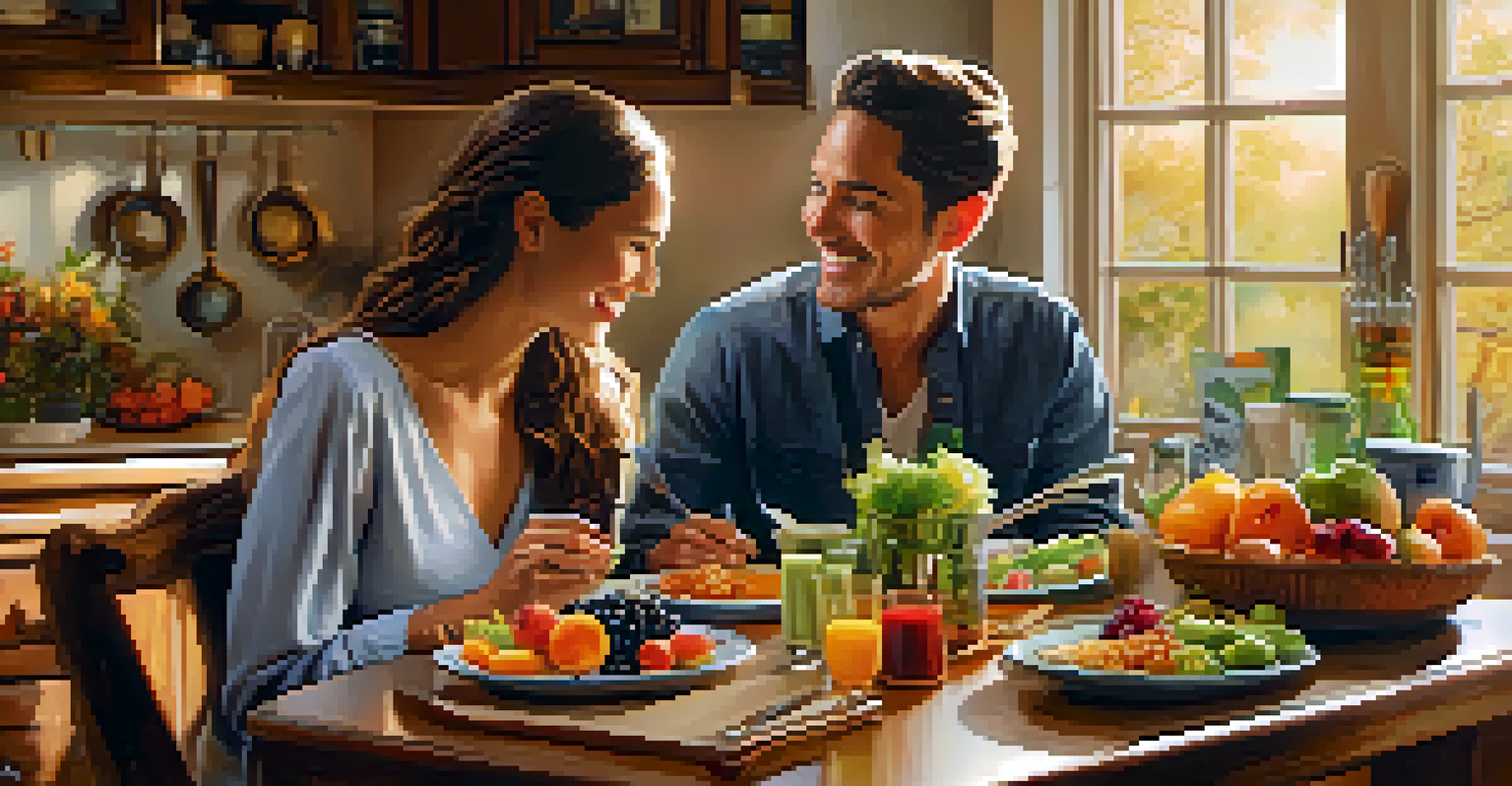 A couple sharing a healthy meal in a cozy kitchen, featuring omega-3 rich foods and colorful fruits.