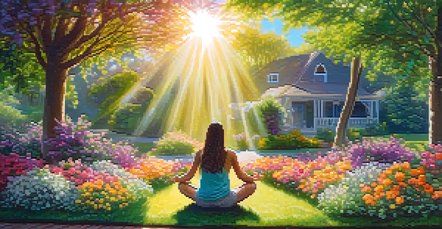 A person visualizing in a colorful garden, surrounded by flowers with glowing light emanating from their hands, under sunlight filtering through trees.