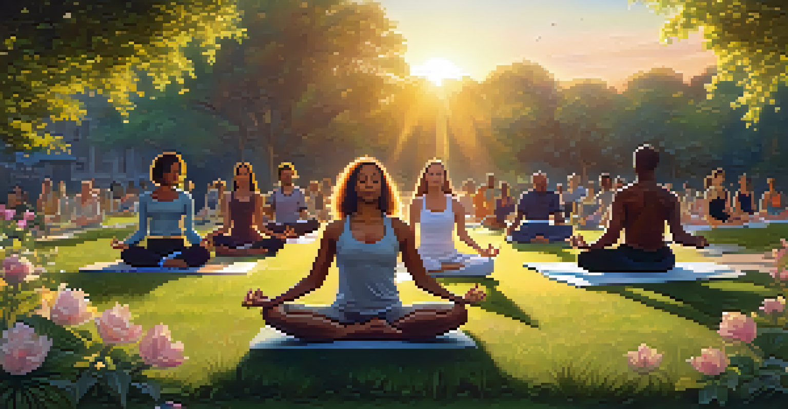 A diverse group of people practicing yoga outdoors in a park during sunset, surrounded by nature.
