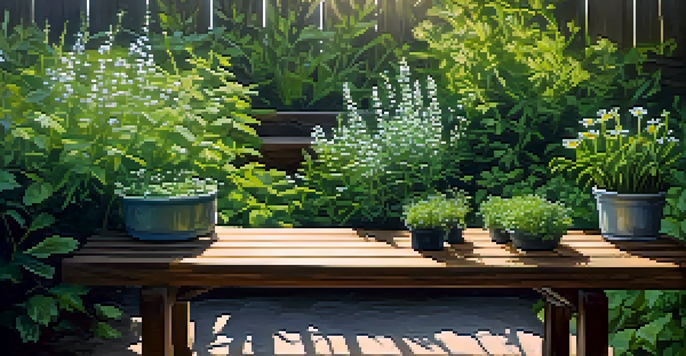 A peaceful herbal garden with green plants, sunlight filtering through leaves, and a wooden bench.