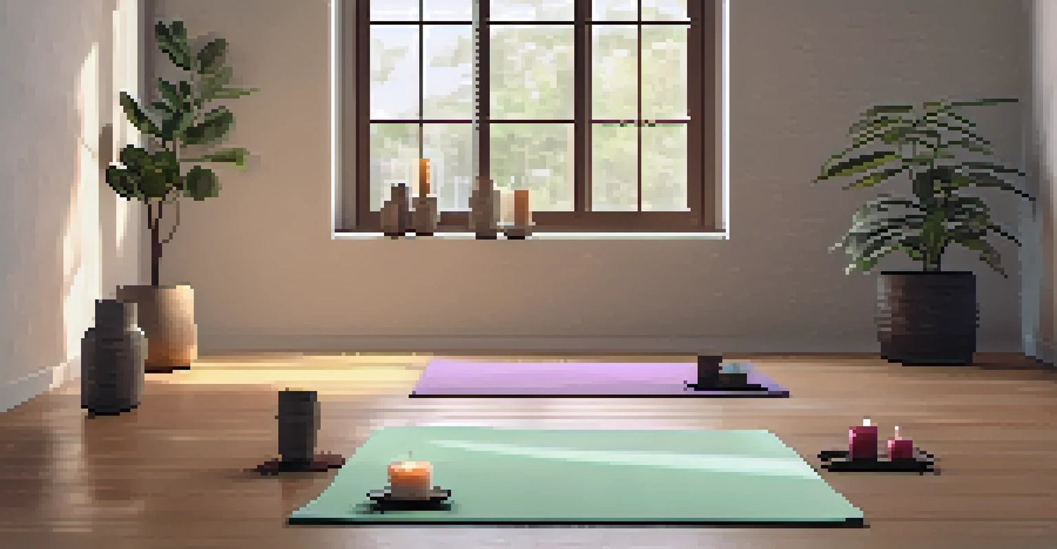 A tranquil yoga space with a mat on a wooden floor, candles, and a potted plant, illuminated by soft lighting.