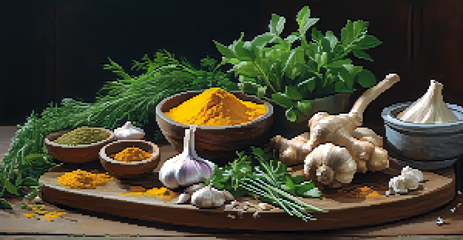 An assortment of fresh herbs on a cutting board, including ginger, garlic, and turmeric with a mortar and pestle in the background.