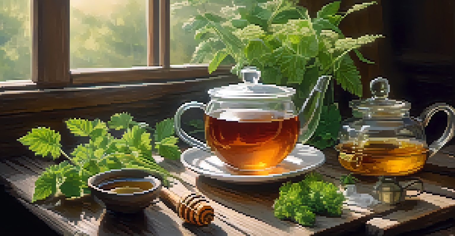 A cozy tea setup with a steaming cup of herbal tea and fresh herbs on a wooden table, accented by warm lighting.