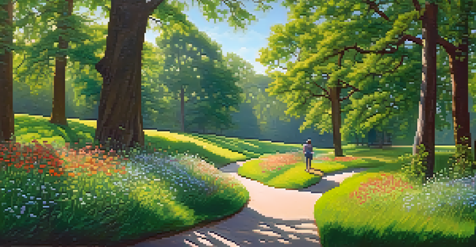 A peaceful park scene with a person walking on a path surrounded by greenery and flowers, illuminated by sunlight.