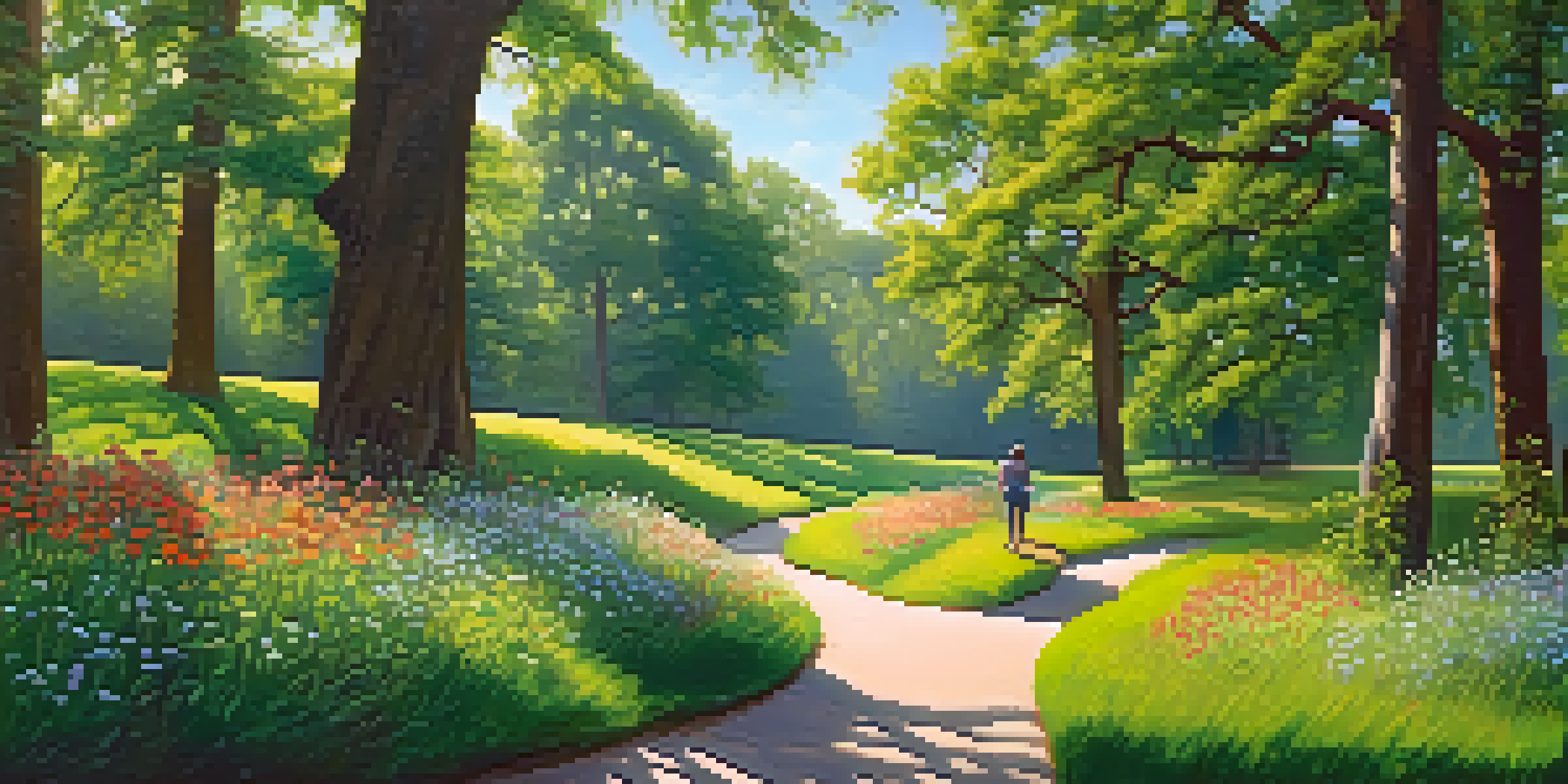 A peaceful park scene with a person walking on a path surrounded by greenery and flowers, illuminated by sunlight.