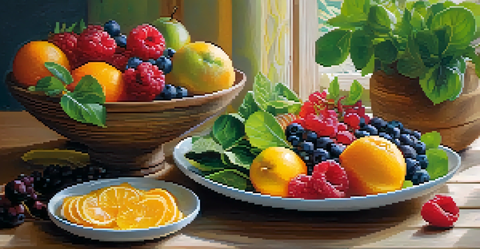A plate featuring a variety of colorful, healthy foods such as fruits, vegetables, and grains, arranged attractively on a wooden table.