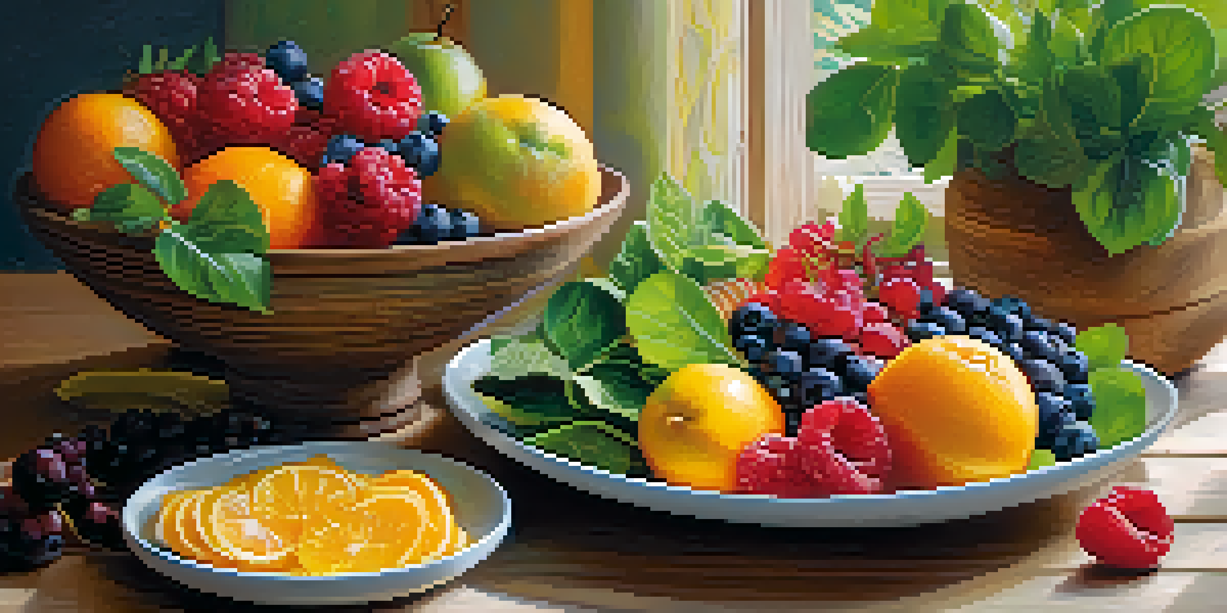 A plate featuring a variety of colorful, healthy foods such as fruits, vegetables, and grains, arranged attractively on a wooden table.