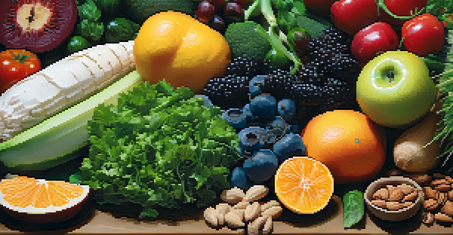 A colorful and nutritious plate of whole foods, showcasing fresh fruits, vegetables, nuts, and grains.
