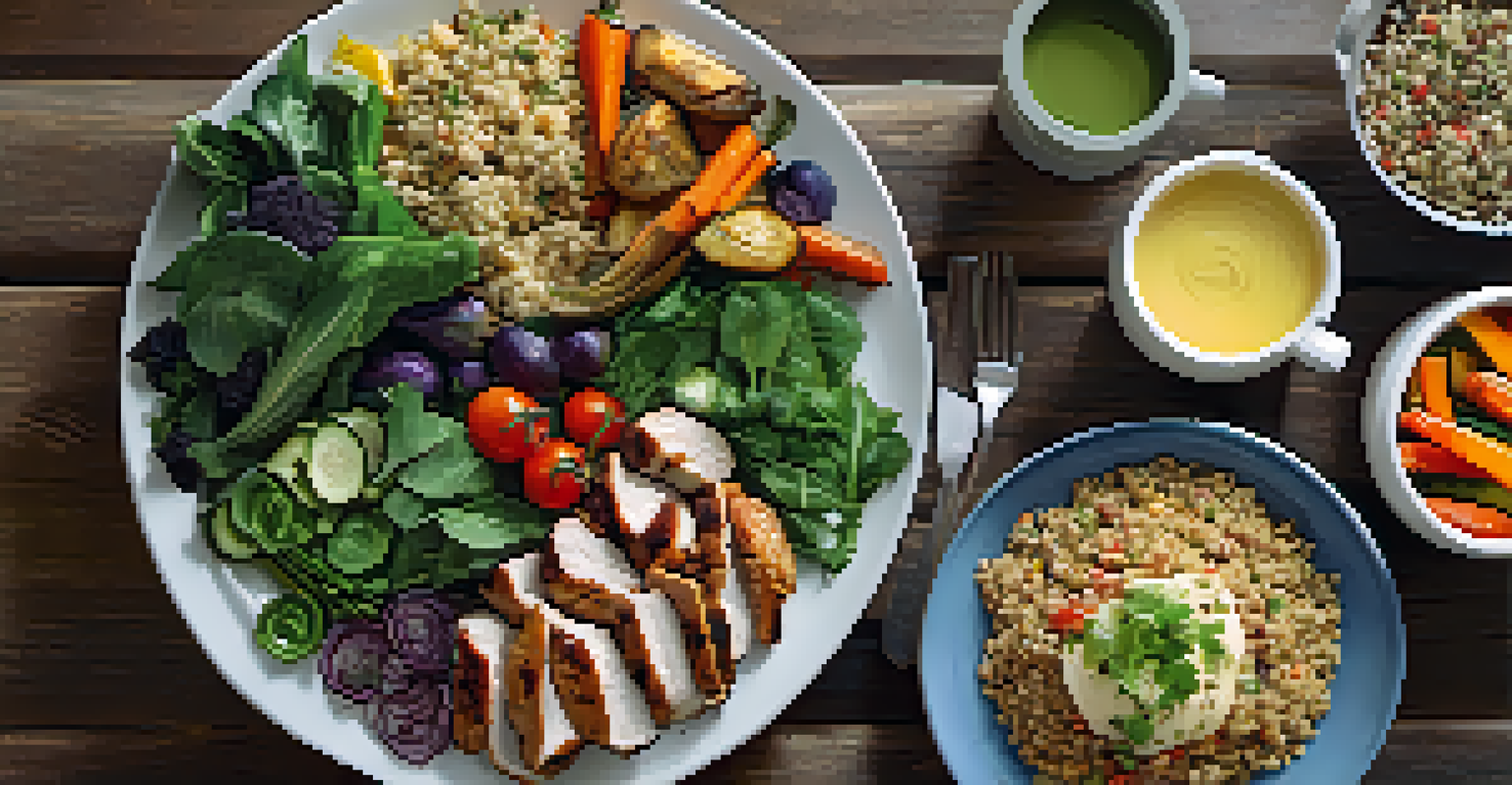 A healthy dinner plate filled with colorful whole foods like leafy greens, grilled chicken, quinoa, and roasted vegetables, arranged on a rustic wooden table.
