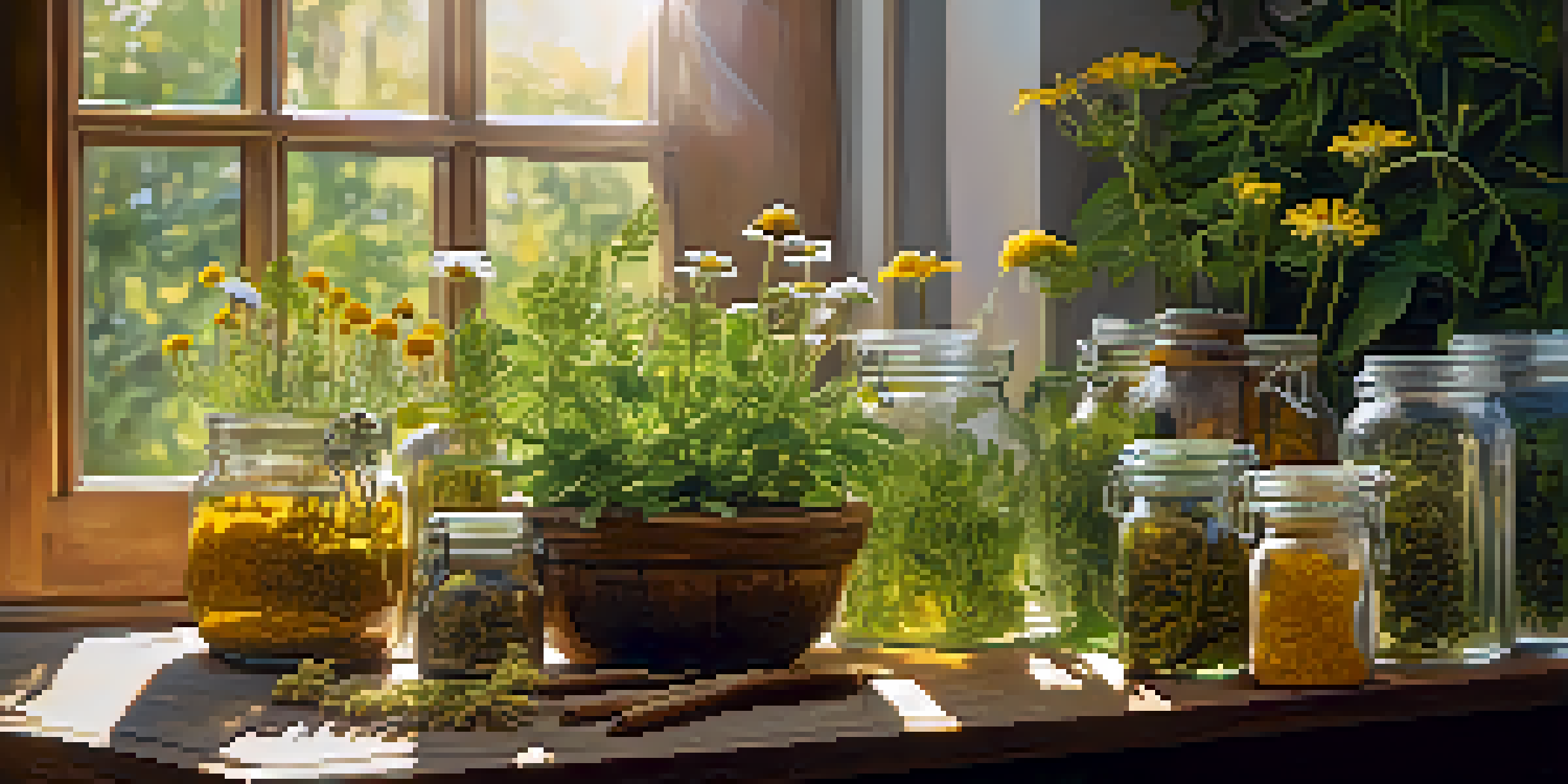 A tranquil herbal garden with green plants and colorful medicinal herbs in sunlight, showcasing jars of dried herbs on a wooden table.