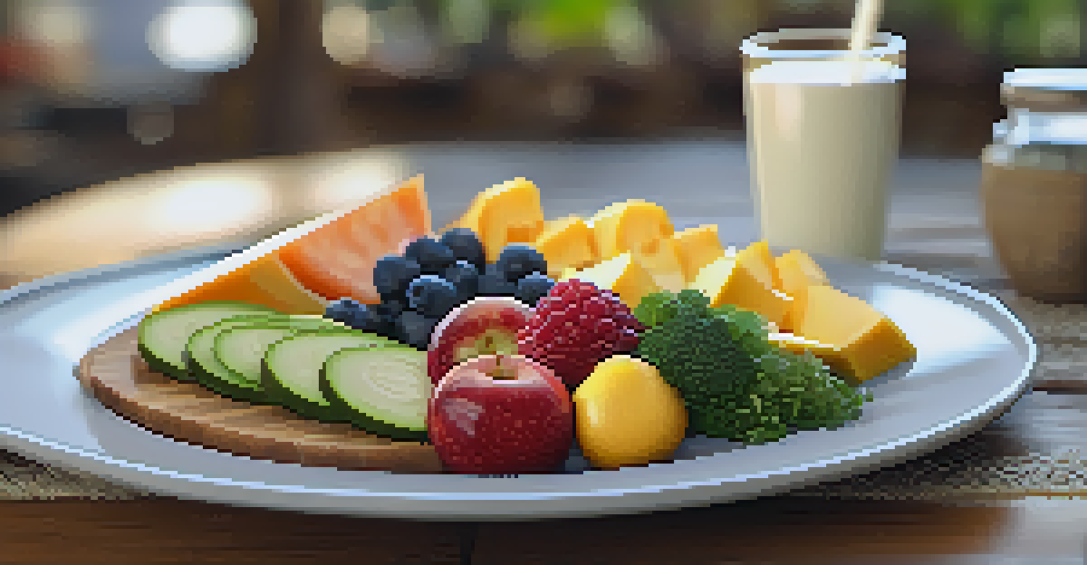 A close-up of a balanced meal with fruits, vegetables, grains, and yogurt on a rustic table.