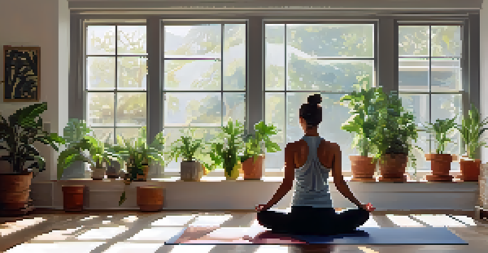 A person practicing breathing exercises on a yoga mat in a serene indoor space filled with plants and natural light.