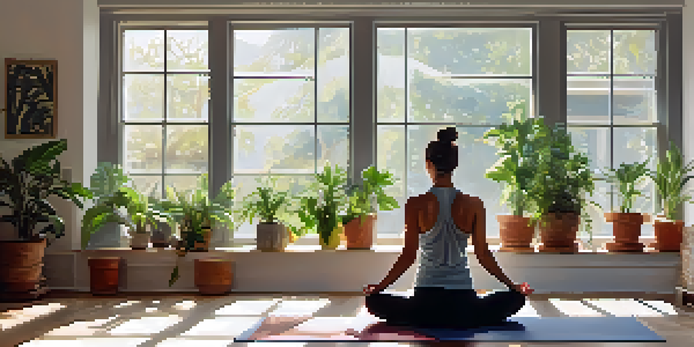 A person practicing breathing exercises on a yoga mat in a serene indoor space filled with plants and natural light.