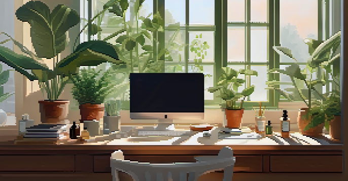 A peaceful workspace with a wooden desk, computer, plants, and essential oil bottles, illuminated by soft sunlight.