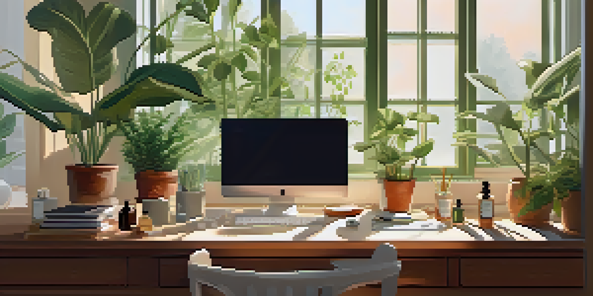 A peaceful workspace with a wooden desk, computer, plants, and essential oil bottles, illuminated by soft sunlight.