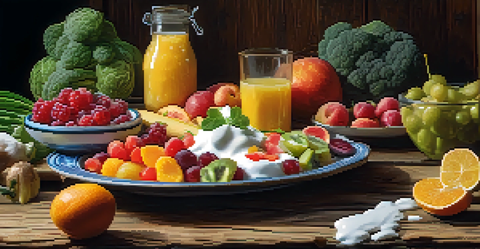 A close-up of a healthy plate filled with colorful fruits, vegetables, and fermented foods like yogurt and sauerkraut, arranged on a rustic wooden table.