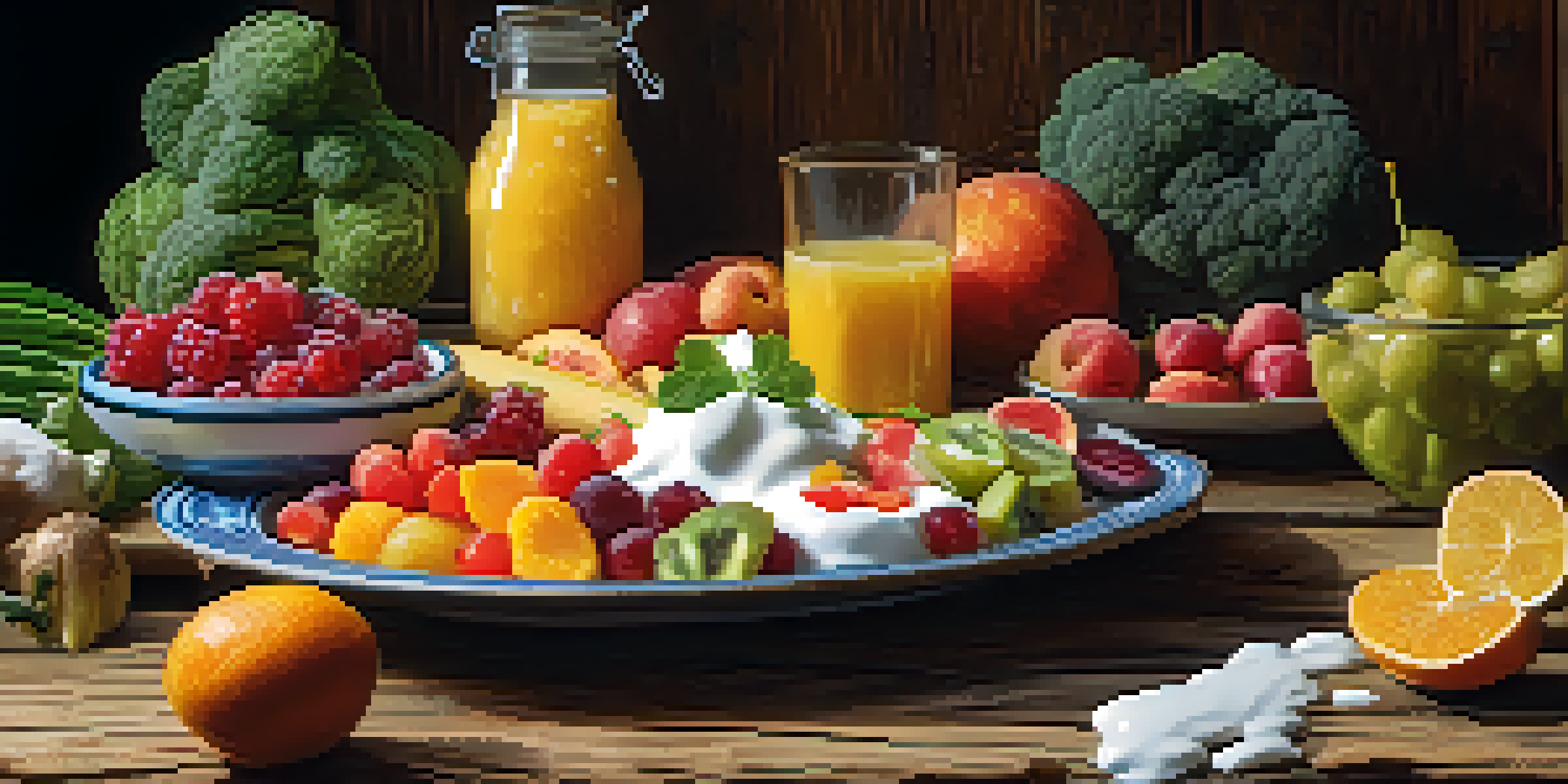 A close-up of a healthy plate filled with colorful fruits, vegetables, and fermented foods like yogurt and sauerkraut, arranged on a rustic wooden table.