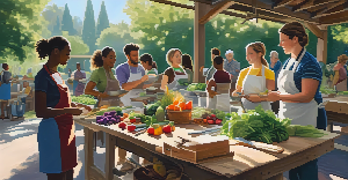 A group of people participating in a cooking class outdoors, surrounded by fresh vegetables and fruits, under sunlight filtering through trees.