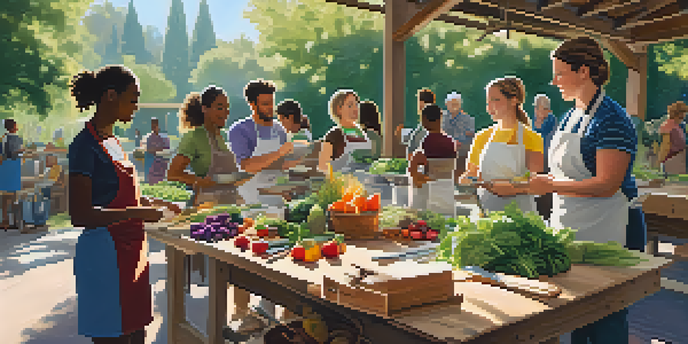A group of people participating in a cooking class outdoors, surrounded by fresh vegetables and fruits, under sunlight filtering through trees.