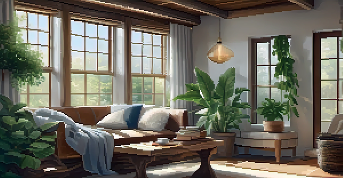 A bright indoor space filled with houseplants and natural materials, featuring a cozy reading nook and a cup of herbal tea.