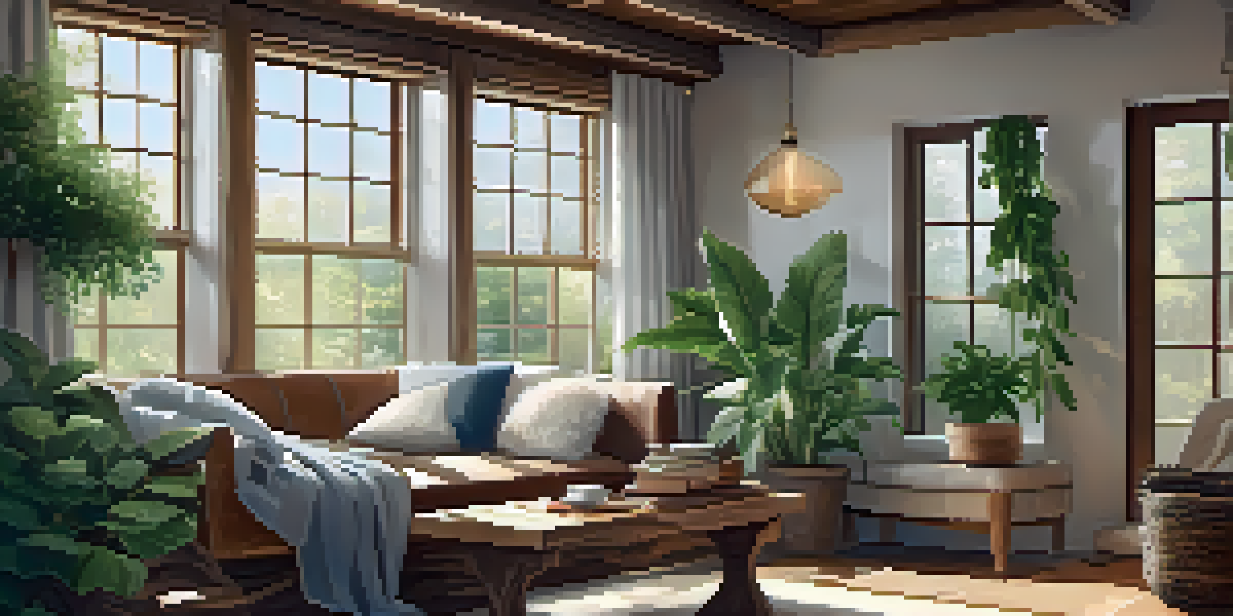 A bright indoor space filled with houseplants and natural materials, featuring a cozy reading nook and a cup of herbal tea.