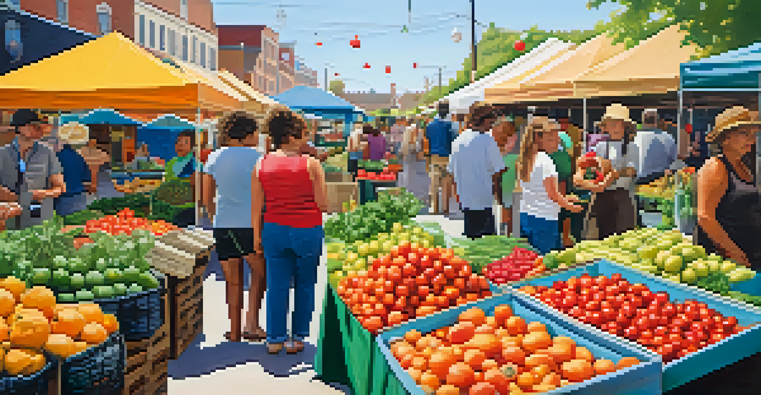 A lively farmers' market with local farmers selling fresh organic produce, highlighting community engagement and sustainable agriculture.