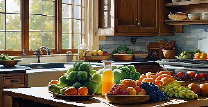 A bright kitchen with a wooden table filled with colorful whole foods like fruits, vegetables, grains, and proteins, illuminated by soft natural light.