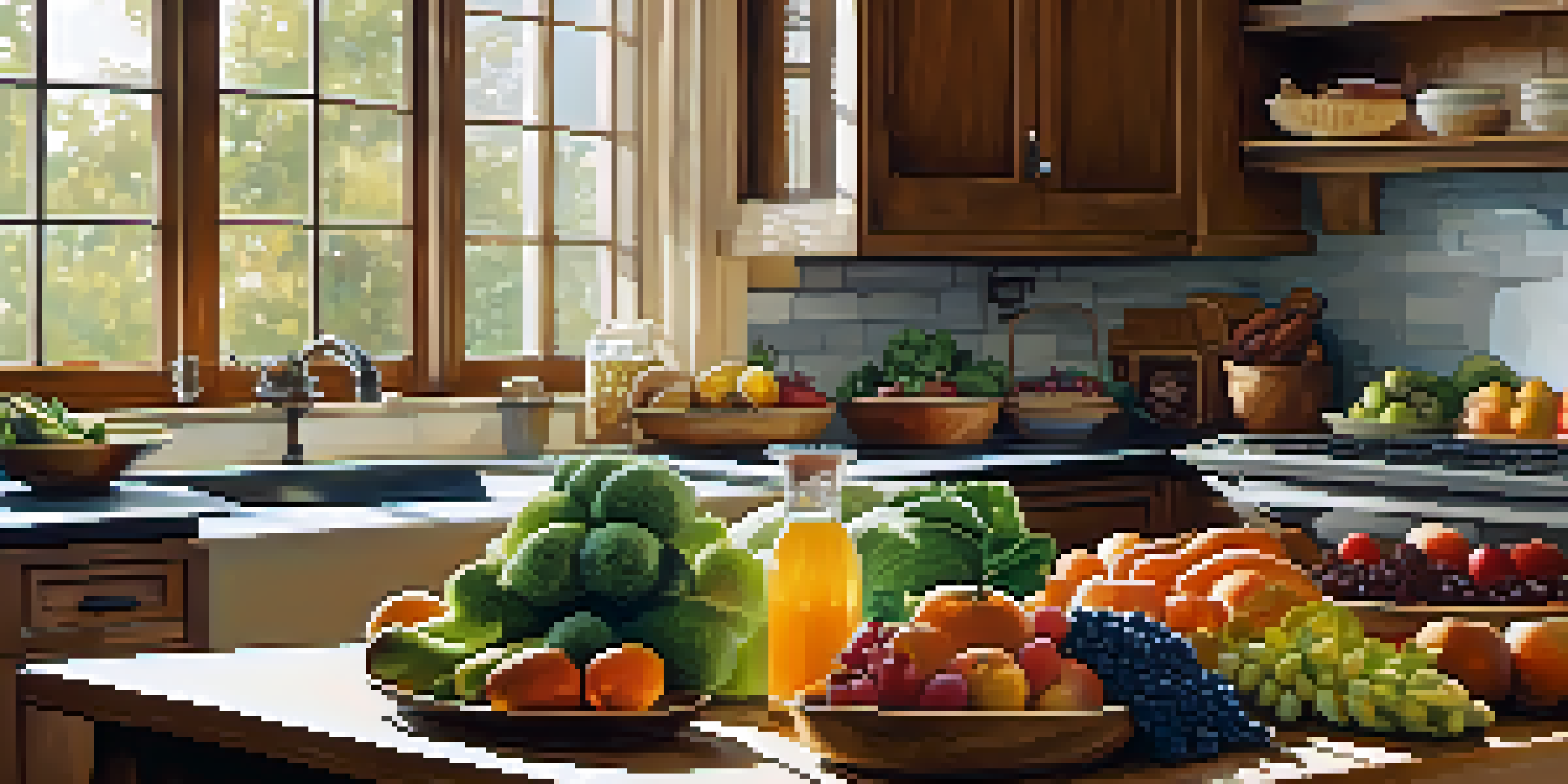 A bright kitchen with a wooden table filled with colorful whole foods like fruits, vegetables, grains, and proteins, illuminated by soft natural light.