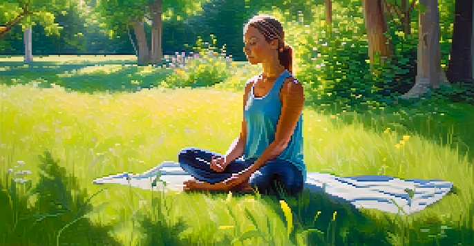 A person practicing mindfulness in a green park, seated cross-legged on grass surrounded by wildflowers with sunlight filtering through trees.